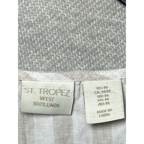 St Tropez West Linen Tank Dress Womens Sz M Taupe & White Stripe Keyhole Pockets - Picture 6 of 8